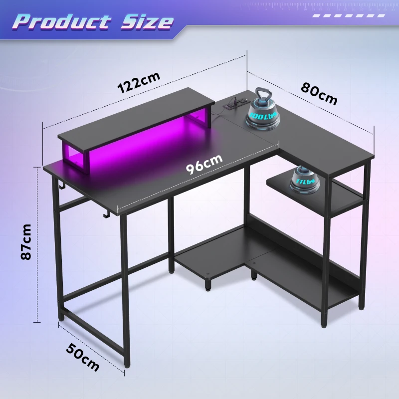 L-förmiger Gaming-Schreibtisch, ergonomischer Monitorhalter, doppelte offene Regale, 122x80x87.5 cm, Schwarz