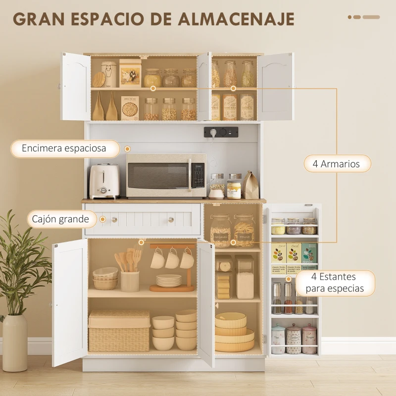 HOMCOM Alacena de Cocina con Estación de Carga 6 Puertas 1 Cajón Estantes Ajustables Encimera Amplio 100x40x173 cm Blanco