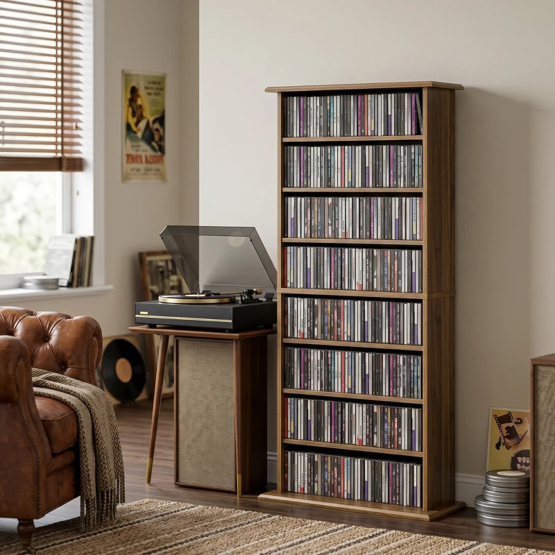 HOMCOM Depozitare pentru CD și DVD cu 8 compartimente și 6 rafturi reglabile, capacitate max. 360 CD/185 DVD și Blu-ray, nuc