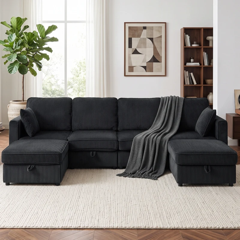 HOMCOM Ecksofa 4-Sitzer U-Form Sofa mit Stauraum-Ottomane, 306 cm Eckcouch mit Cord-Optik, 4 Kissen, für Wohnzimmer