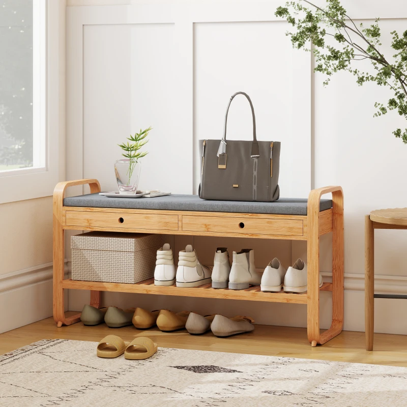 HOMCOM Shoe Bench with 2 Drawers Cushioned Seat Shoe Storage Bench for Hallway 105 cm Natural and Grey