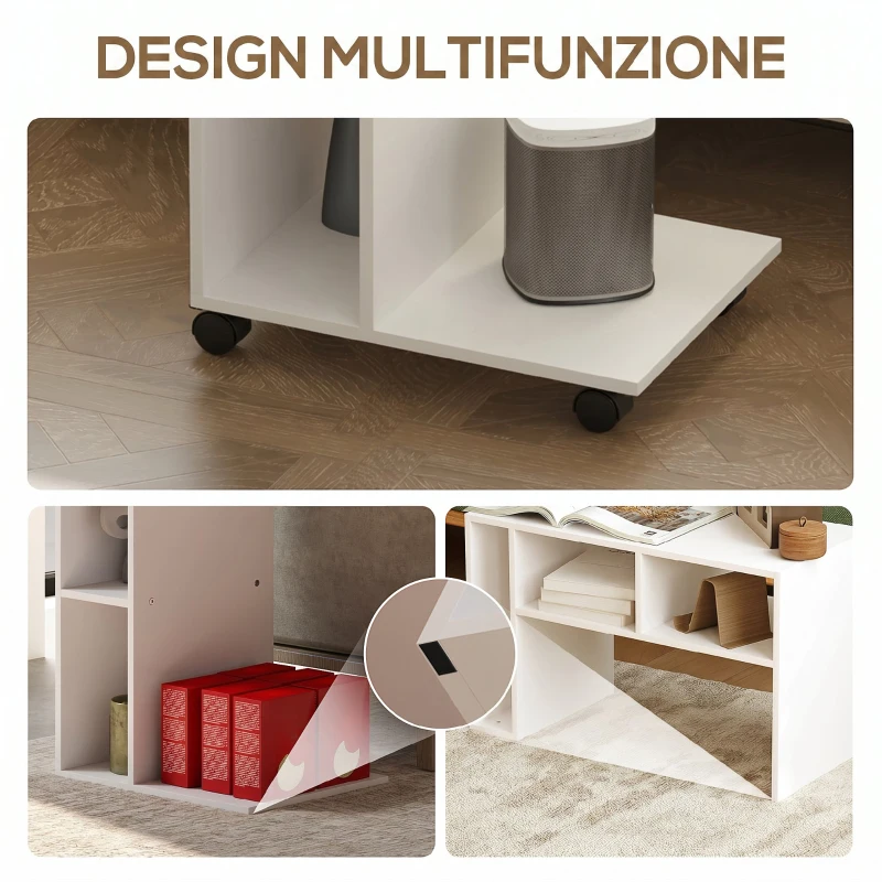 HOMCOM Tavolino da Soggiorno con Rotelle e Mensola Aperta, a Forma di C in Legno, 40x30x69 cm, Bianco