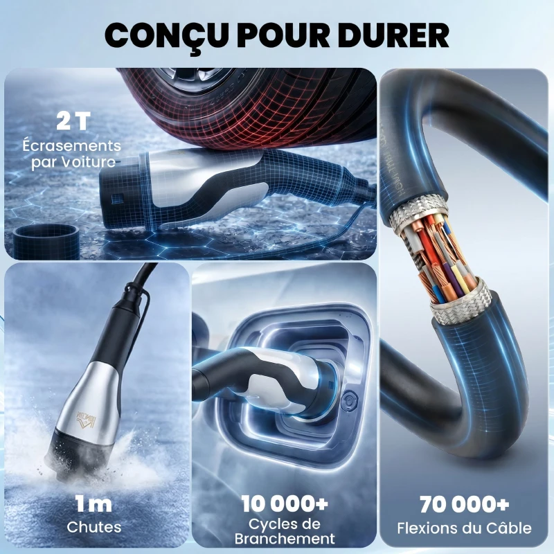 HOMCOM Chargeur Voiture Électrique Type 2 à Type 2 22kw Triphasé Mode 3 Rallonge Cable Recharge Rapide 5m Assuré par PICC Noir