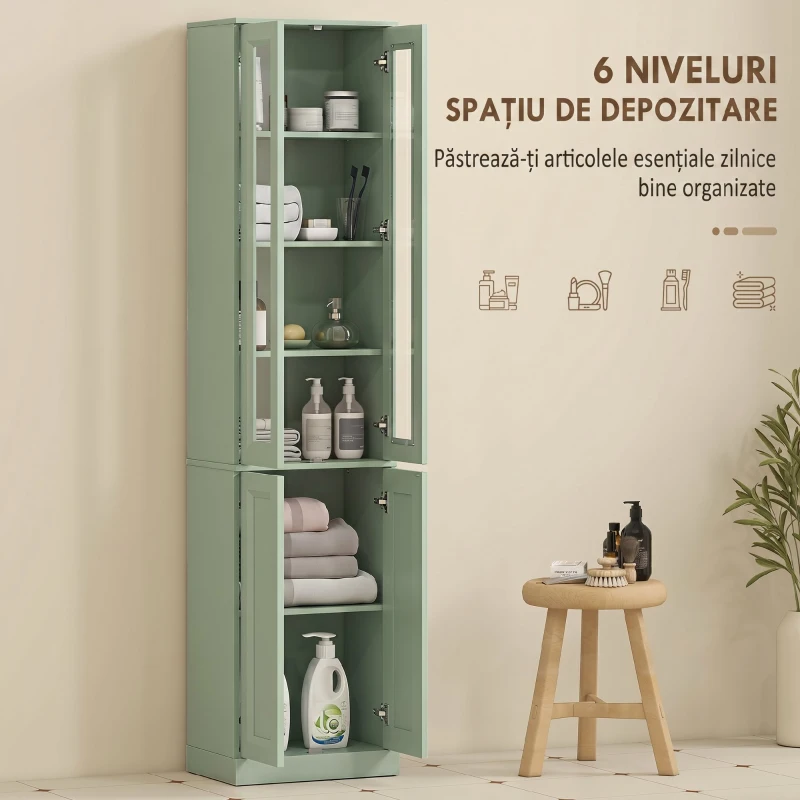 HOMCOM Dulap de Baie Înalt cu 6 Rafturi și Raft Reglabil, Verde Salvie