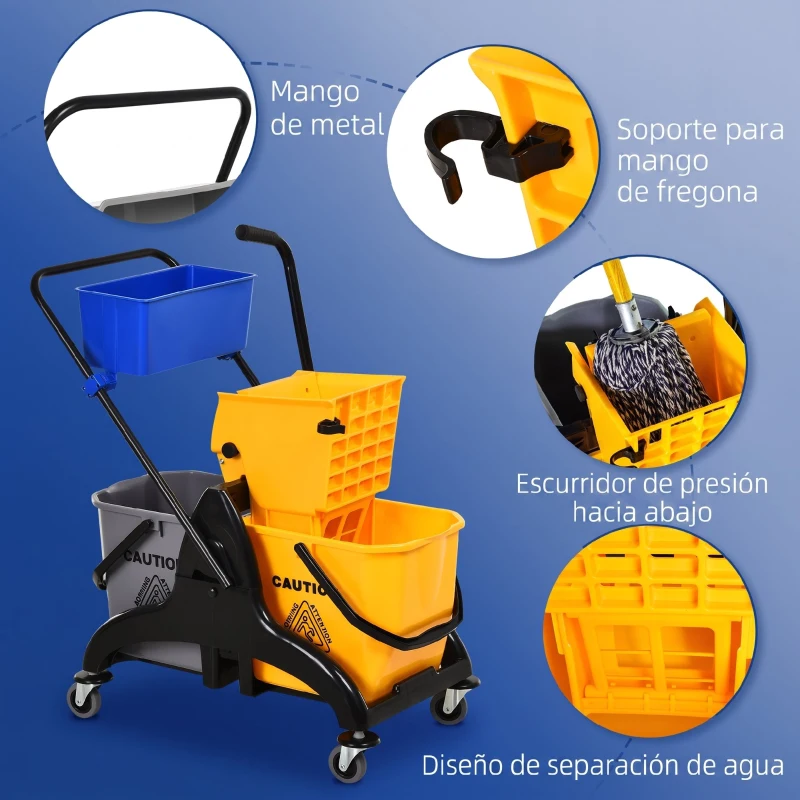 HOMCOM Cubo de Fregona 26 L con Ruedas Sistema de Escurridor Asa de Transporte y Doble Cubetas 78x45x95 cm Multicolor