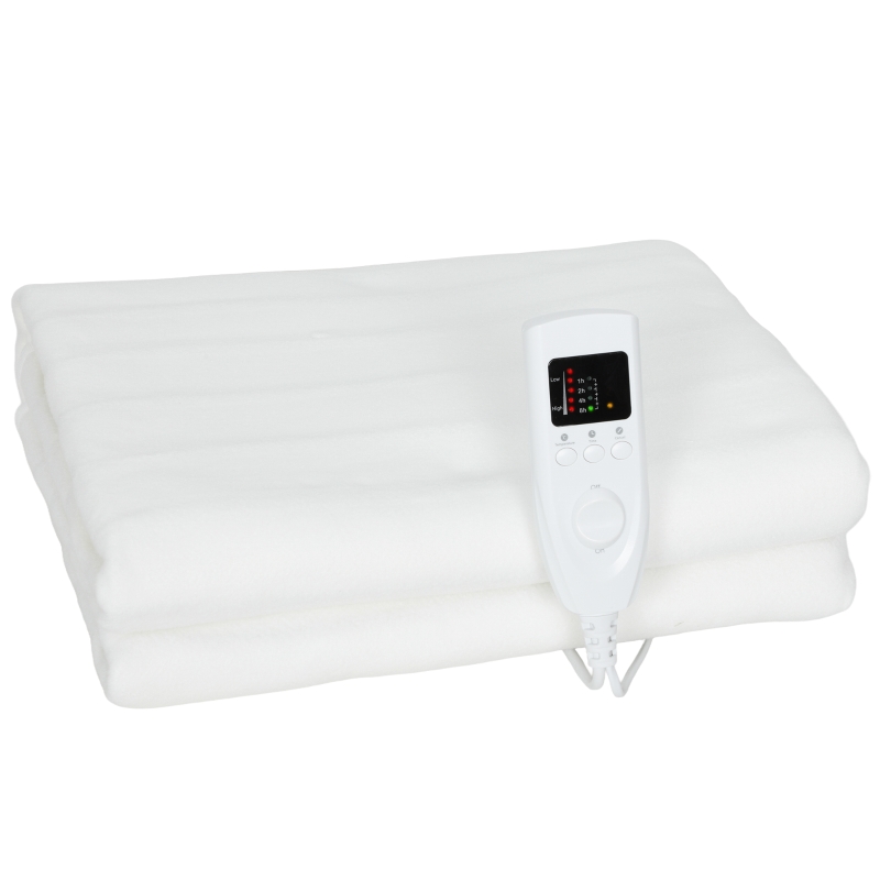 HOMCOM Pătură electrică 160x140 cm cu 5 niveluri de încălzire și 2 zone de control independente, din poliester alb
