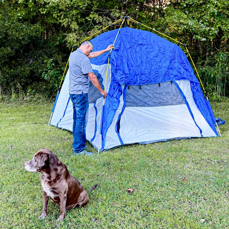 Outsunny Tente de camping, tente pop up dôme familiale  personnes, avec 4 portes 4 fenêtres sac de transport inclus pour le camping randonnée bleu gris
