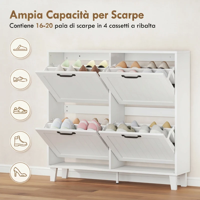 HOMCOM Mueble para Zapatos 4 Cajones Abatibles Ahorraespacio con Estantes Regulables Blanco