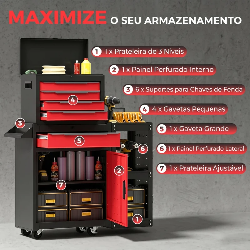HOMCOM Carro de Ferramentas 3 em 1 com Rodas, 5 Gavetas, Armário Inferior, Painéis Perfurados e Fecho, Preto e Vermelho
