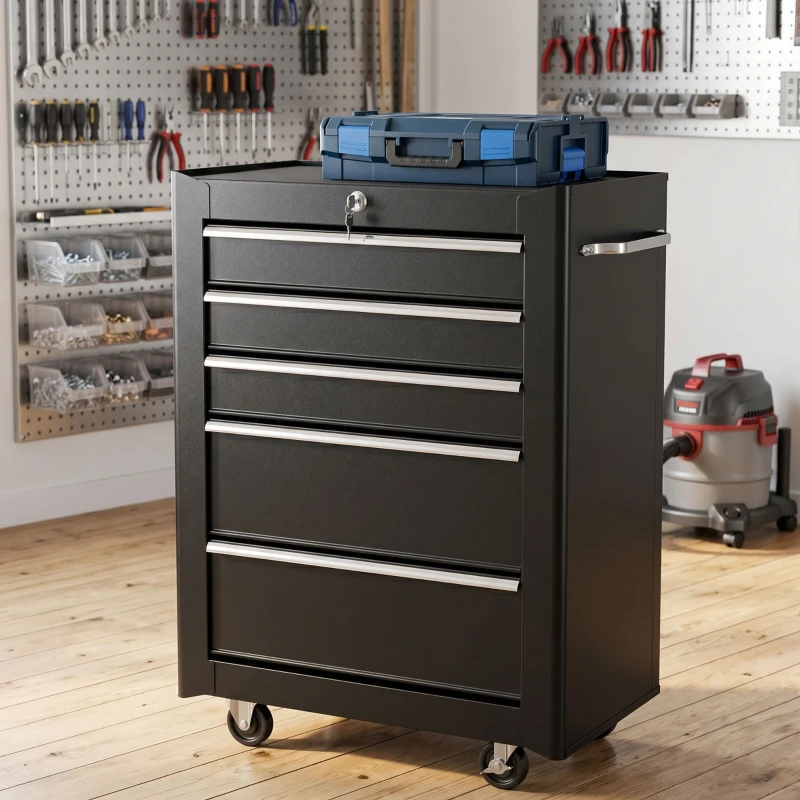 HOMCOM Chariot à outils sur roulettes, Servante d'atelier en acier 5 tiroirs verrouillable 2 clés, 61,5 x 33 x 82,5 cm, noir