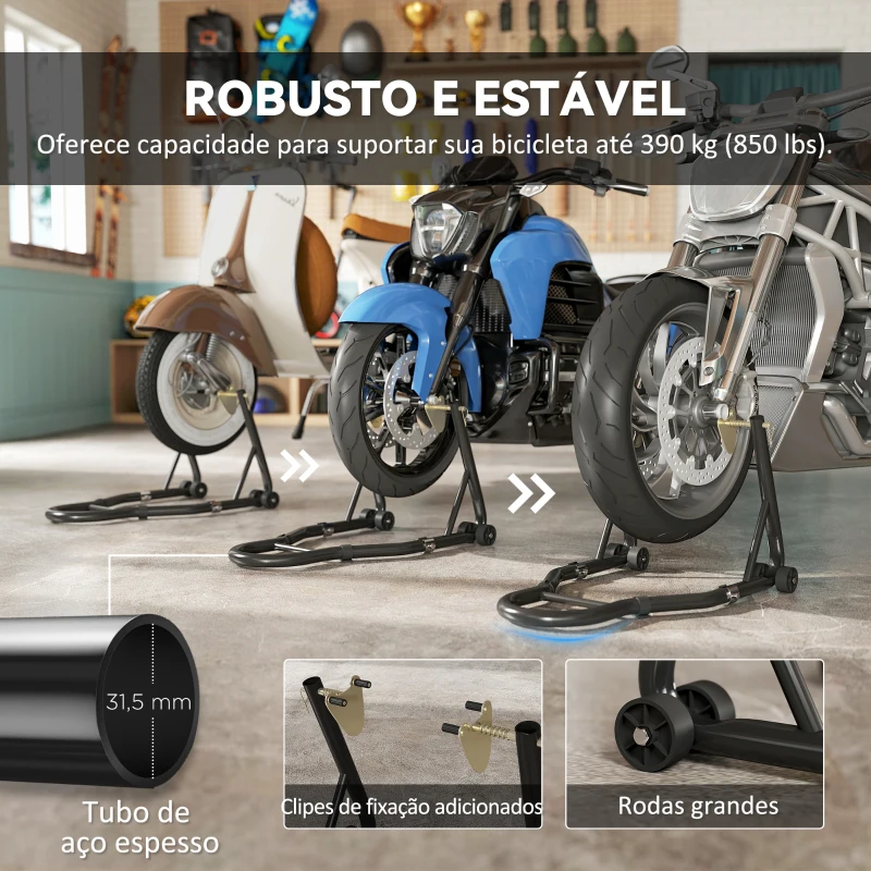 HOMCOM Cavalete de Moto Carga de 390 kg Suporte Dianteiro e Traseiro Universal Elevador de Moto em Aço com Rodas Preto