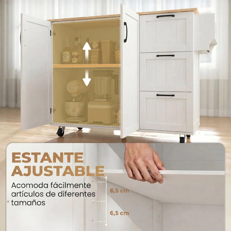 HOMCOM Isla de Cocina con Encimera Extensible Estación de Carga Ruedas 2 Puertas 3 Cajones Especiero y Toallero Blanco