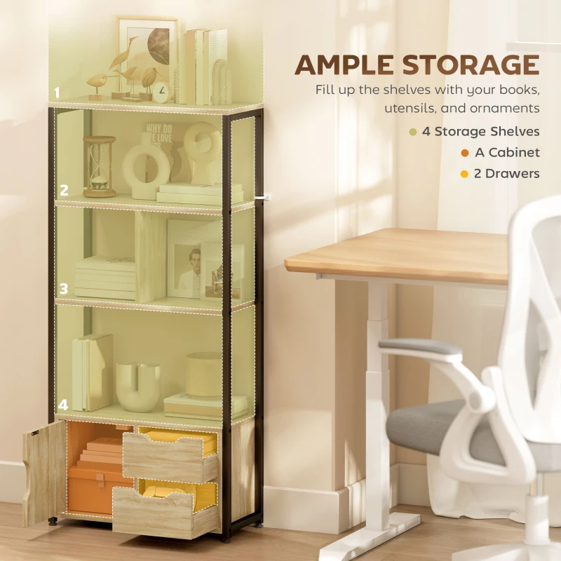 HOMCOM 4-Tier Bookcase, Bookshelf with 1 Cabinet and 2 Drawers for Living Room, Bedroom, Study, Natural Wood