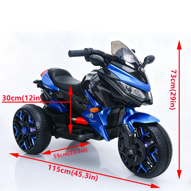 12V Kinder-Elektromotorrad, LED-Licht & leuchtende Räder, Bluetooth-Musik, 115x59x73 cm, Blau