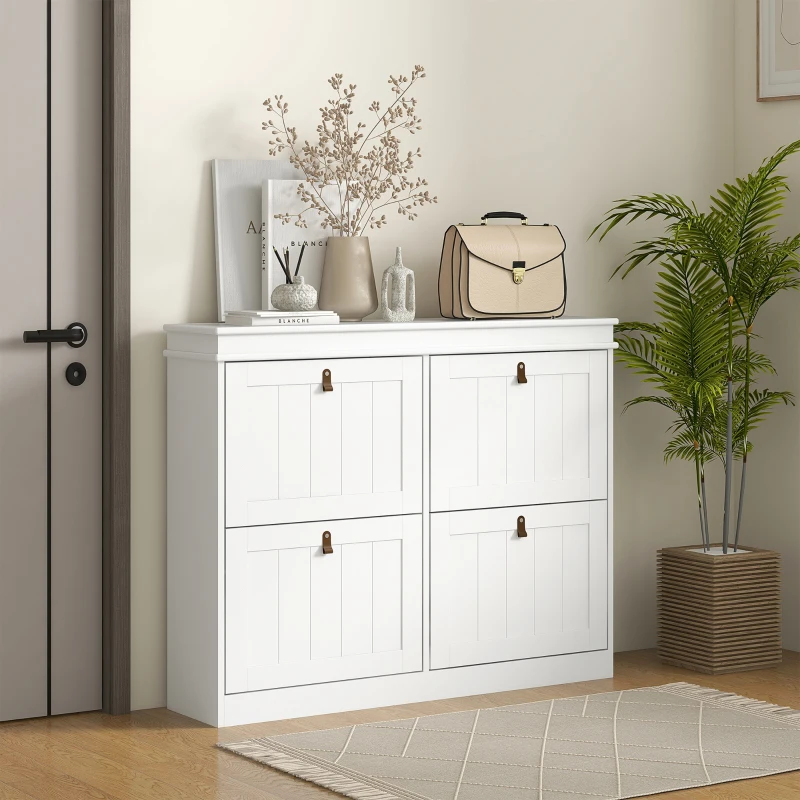 HOMCOM Slim Shoe Cabinet, Shoe Cabinet with 4 Drop-Down Drawers, 105W x 24D x 82.5H cm,  White