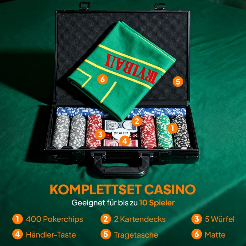 Pokerset SPORTNOW - Pokerkoffer met 400 Chips, 2 Kaartspellen, 5 Dobbelstenen, Dealer-Schijf, Speelmat