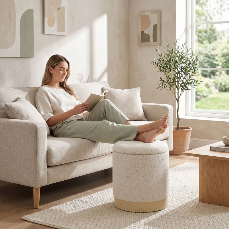 HOMCOM Taburet rotund 38 cm cu husă Sherpa, depozitare și picior metalic cu aspect de lemn, crem