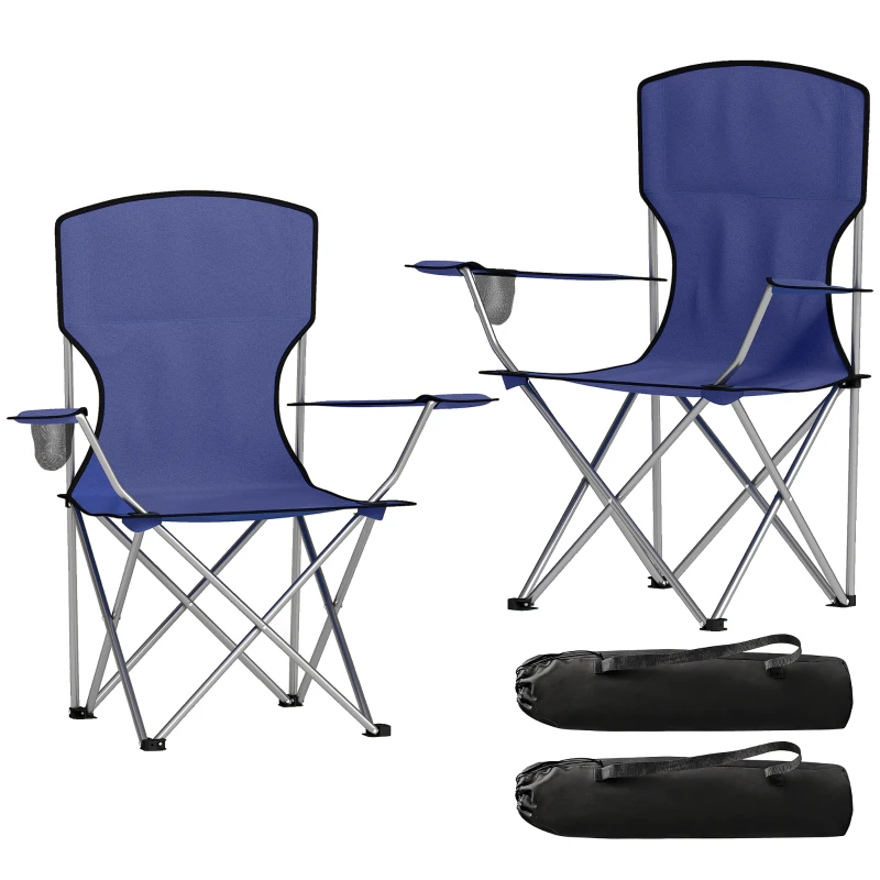 Outsunny Camping Chair Set of 2 Portable Folding Outdoor Camp Chair with Cup Holders and Carry Bag Dark Blue