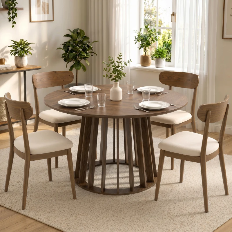 HOMCOM Dining Table for 4-6 People Modern Kitchen Table with Slatted Base 120 cm Round Light Walnut