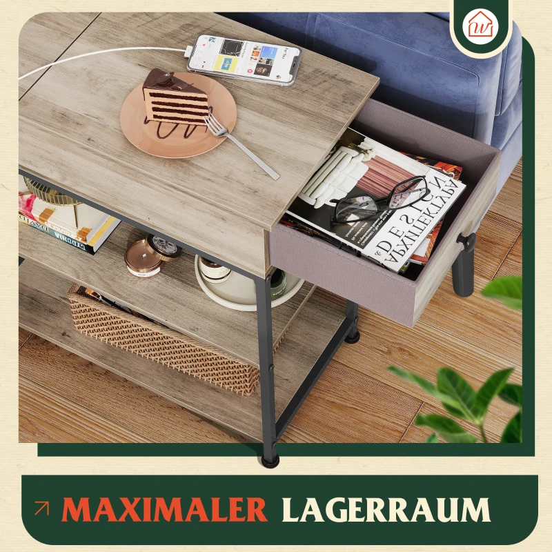 Beistelltisch mit Steckdosen, klappbare Tischplatte, dreistöckiger Stauraum, 60x30x61 cm, Graubeige