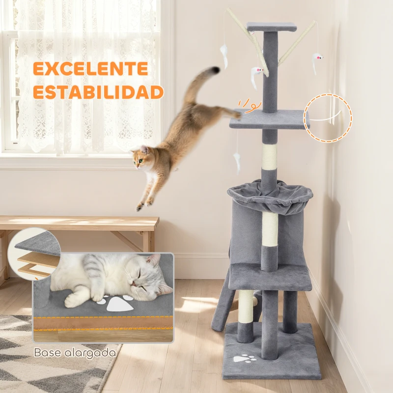 PawHut Árbol Rascador para Gatos Altura 134 cm con 6 Postes 3 Plataformas Cueva Hamaca Escalera 4 Juguetes Colgantes Gris