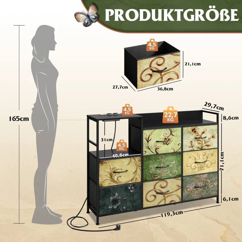 Kommode mit 8 Schubladen, kippsicher und verstellbare Füße, 119.5x29.8x86.1 cm, Vintagebraun