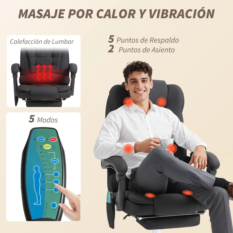 Vinsetto Silla de Oficina con 6 Puntos de Masaje Función de Calentamiento Reposapiés y Control Remoto 65x70x111-119 cm Negro