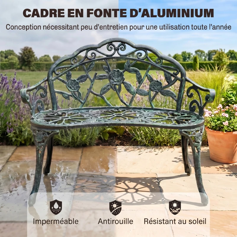 Outsunny Banc de Jardin 2 Places Style néo-rétro Motif Rose Lignes fuselées 100L x 54l x 78H cm Fonte d'aluminium Vert