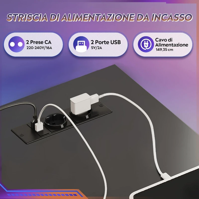 L-förmiger Eckschreibtisch mit integrierter LED-Beleuchtung, 3 Stoffschubladen, 2 offene Ablagen, 123x80x75 cm, Schwarz