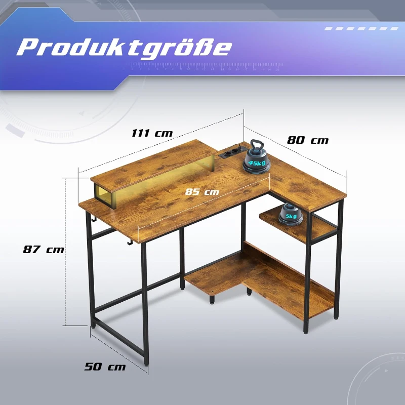 L-förmiger Gaming-Eckschreibtisch, robuste Metall-Holz-Konstruktion, platzsparend, 111x80x87.5 cm, Braun