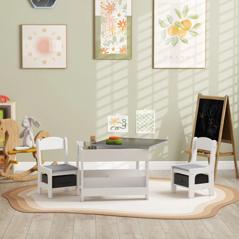 HOMCOM Juego de Mesa con Sillas para Niños 3 en 1 con Pizarra Cajones de Tela y Espacio de Almacenamiento Blanco y Gris
