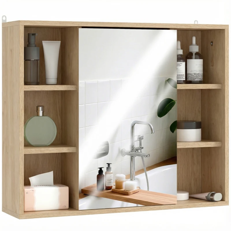 HOMCOM Meuble salle de bain avec miroir, placard à portes et 6 compartiments ouverts, 60 x 14,5 x 49,4 cm, bois naturel