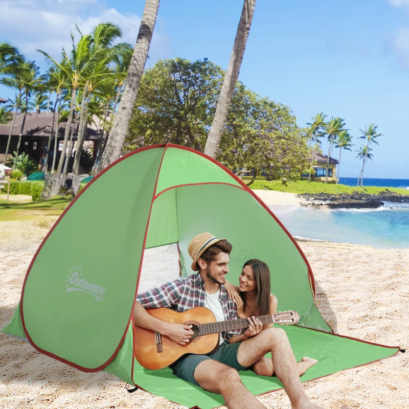 Outsunny Abri de plage tente de plage pliable Pop-up automatique instantané protection UV fenêtre arrière grand tapis de sol vert rouge