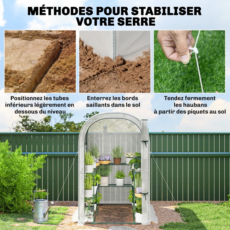 Outsunny Serre de jardin avec étagères, 123x187x189cm, petite serre avec porte enroulable, bâche PE haute densité 140 g/m², blanc