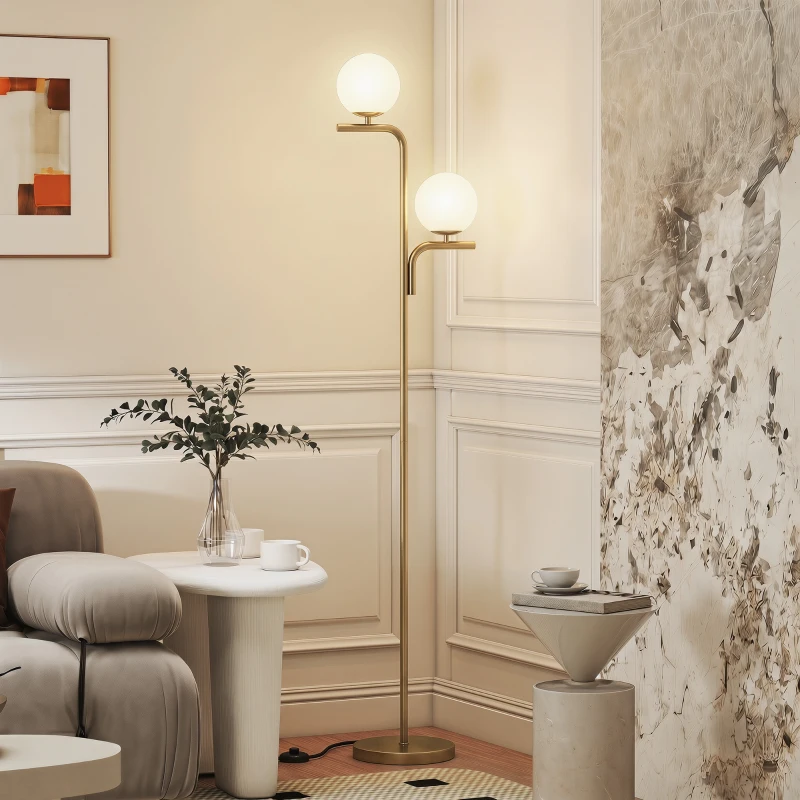 HOMCOM LED Floor Lamp, Modern Standing Lamp with 3 Colour Temperatures, Globe Glass Shades and Foot Switch, Gold Tone