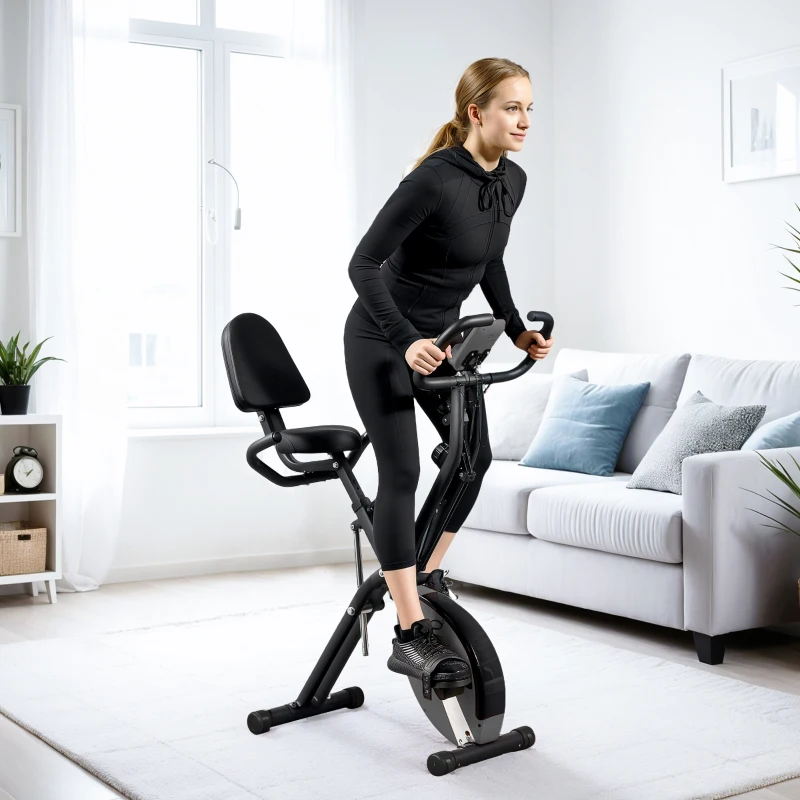 SPORTNOW Bicicleta Estática Dobrável com Resistência Magnética de 8 Níveis Encosto Volante Ecrã LCD e Banda de Resistência 43x97x109 cm Preto