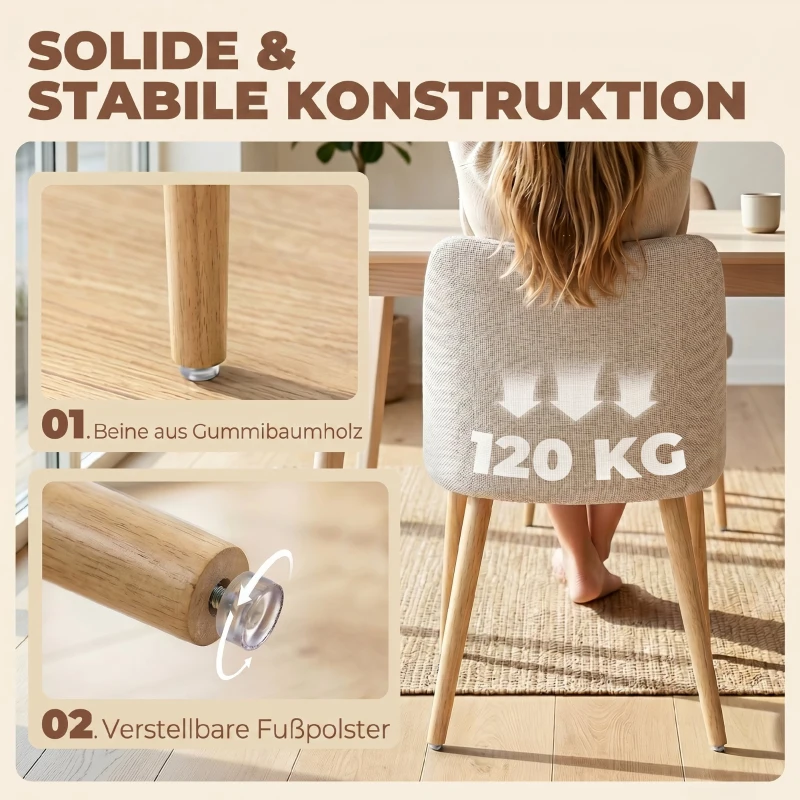 HOMCOM Set de 2 Scaune de Masă Moderne, Scaune de Bucătărie cu Tapițerie din In, Șezut Imbătut, Spătar Curbat, Picioare din Lemn de Cauciuc, Ușor de Asamblat, Alb Crem