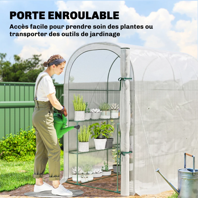 Outsunny Serre de jardin avec étagères, 123x187x189cm, petite serre avec porte enroulable, bâche PE haute densité 140 g/m², blanc
