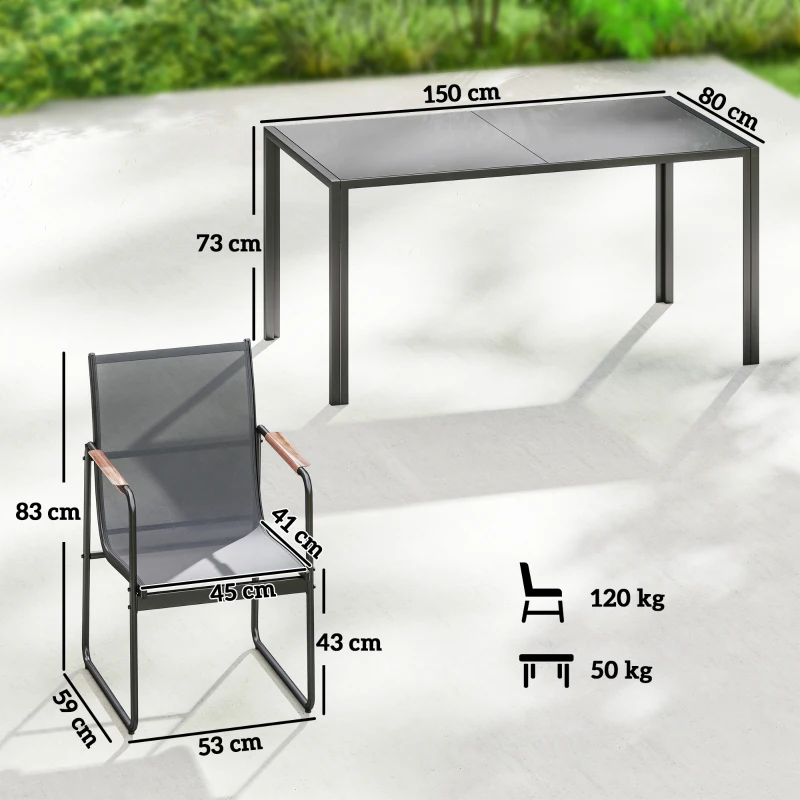 Outsunny Ensemble de Salle à Manger d'Extérieur 7 Pièces pour 6 Personnes, Table en Verre et Chaises en Maille avec Accoudoirs Décoratifs, Gris