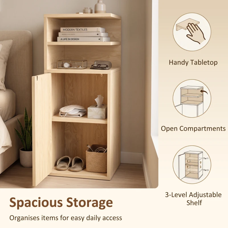 HOMCOM Slim Bedside Table Set of 2, Narrow Bedside Cabinet with Open Cubbies and Cupboard for Bedroom Living Room, Oak