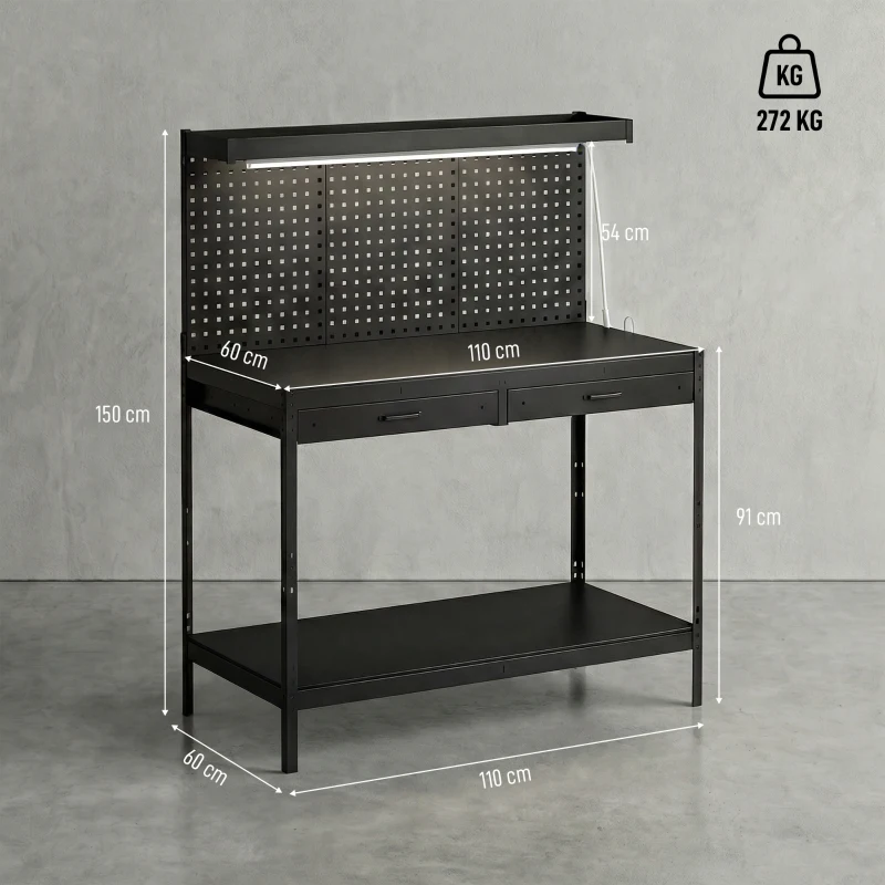 HOMCOM Banco de Trabajo Carga 272 kg 110x60x150 cm con Tableros Perforados Metálicos Toma de Corriente Luces LED Cajones Negro