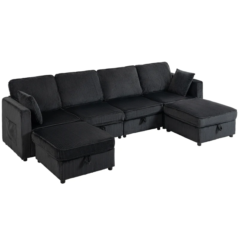 HOMCOM Canapea colț 4 locuri formă U cu ottoman cu depozitare, colțar 306 cm cu aspect cord, 4 perne, pentru living
