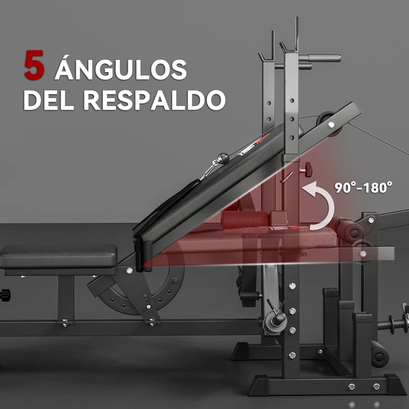 HOMCOM Banco de Pesas Banco de Musculación Multifuncional con Respaldo Reclinable y Altura Ajustable para Entrenamiento Fitness en Casa 210x110x103-123 cm Negro