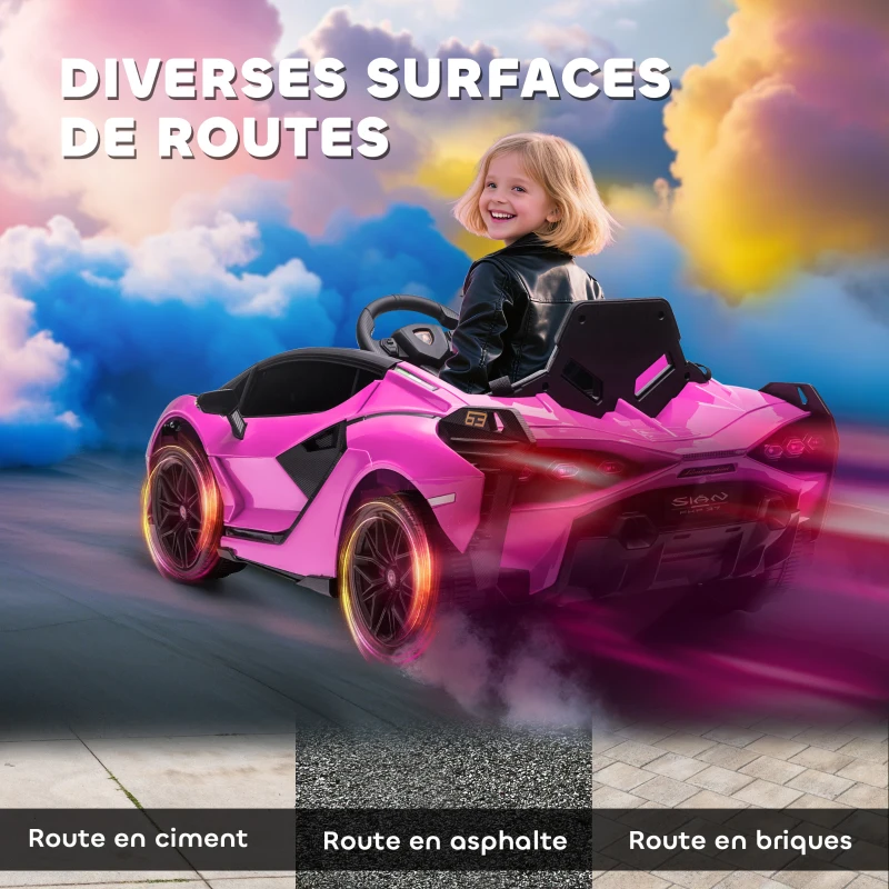 HOMCOM Voiture électrique Enfants de Sport Véhicule électrique Lamborghini Sian 12 V - V. Max. 5 Km/h avec Télécommande 2,4G Effets sonores + Lumineux Rose(m-8)