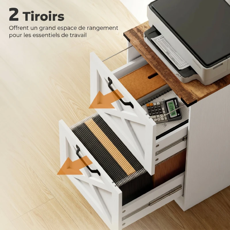 HOMCOM Caisson de Bureau avec 2 Tiroirs, Dossiers Suspendus pour Formats Lettre/A4, Style Rustique, 40x40x71cm, Blanc