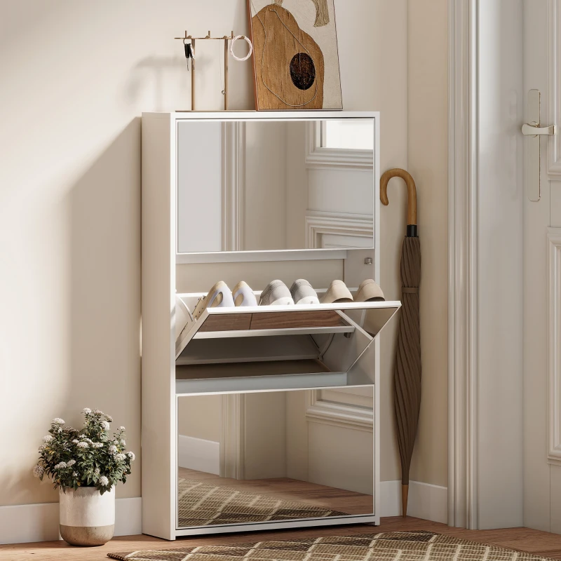 HOMCOM Scarpieră cu Oglindă și 3 Sertare Rabatabile pentru 9 Perechi de Pantofi, din Lemn, 65x17x114.5 cm, Alb