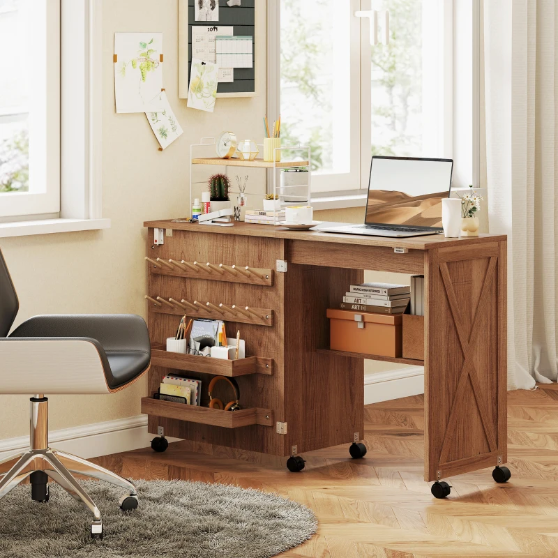 HOMCOM Folding Sewing Table, Rolling Craft Table with Storage compartments, Shelf and Lockable Casters for Small Spaces, Brown
