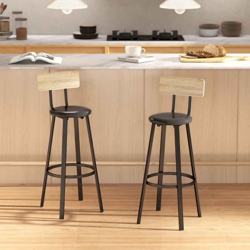 HOMCOM Juego de 2 Taburetes Altos de Cocina con Respaldo y Reposapiés Tapizados de PU Asiento de 75,5 cm Natural y Negro