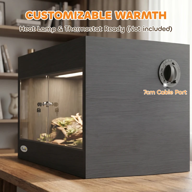 PawHut Reptile Terrarium, Reptile Vivarium with  Glass Doors, Secure Lock, Top Ventilation for Snake, Gecko, 60x45x45cm, Black