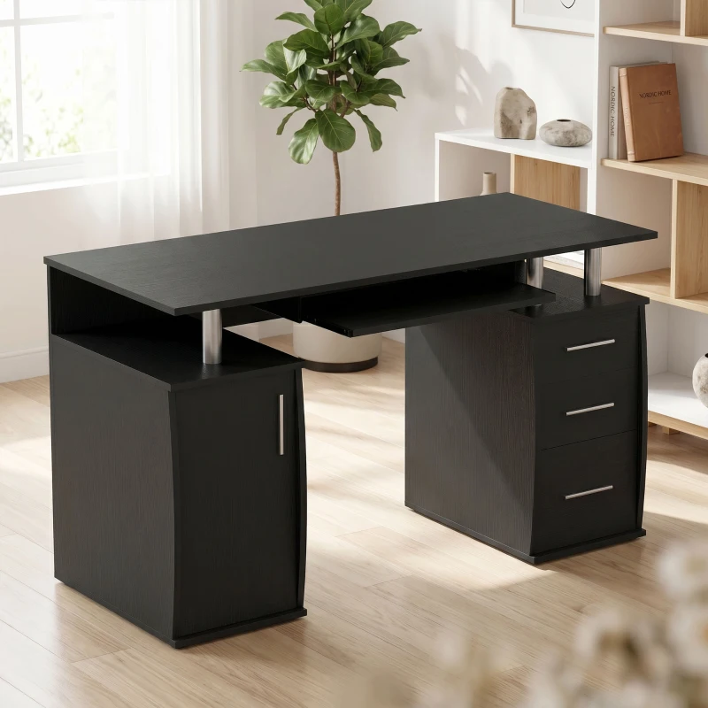 HOMCOM Escritorio de ordenador 120 x 55 cm con bandeja para teclado, 3 cajones, para dormitorio, hogar, negro